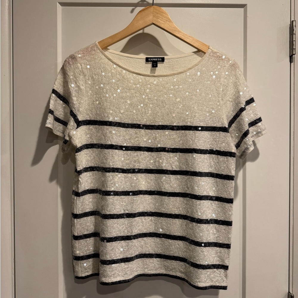 Express Sequin Striped Tee - Cream and Black